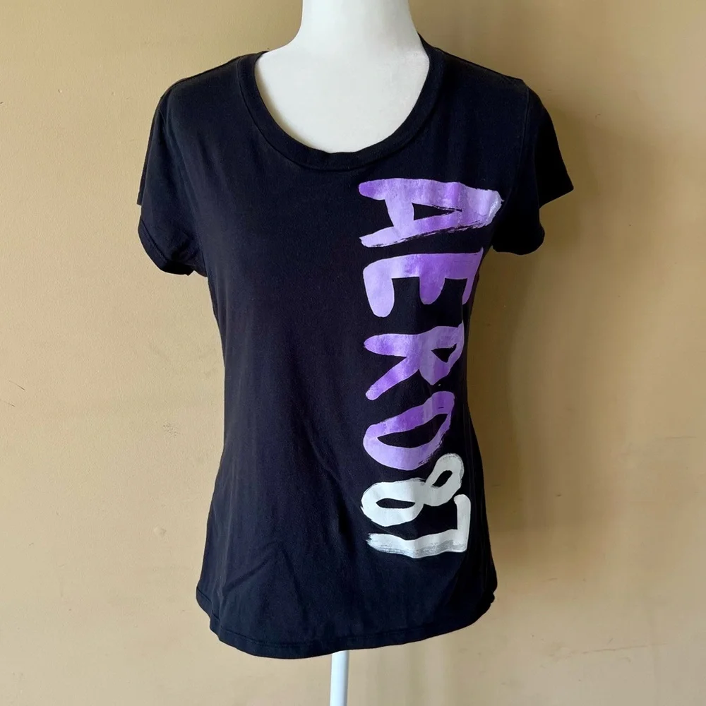Aeropostale XL Black Purple Aero 87 Shirt Top Tee - Picture 1 of 3